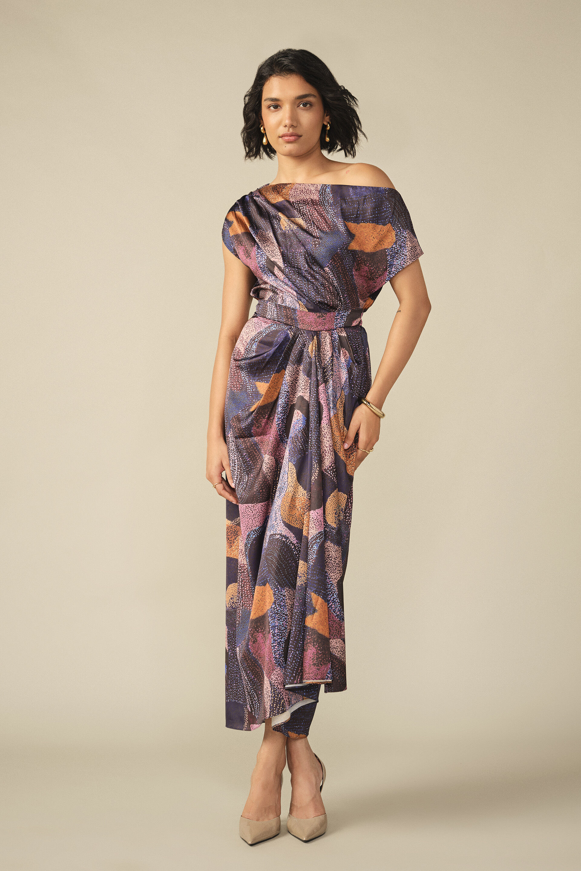 Abstract Print Draped Dress in Navy